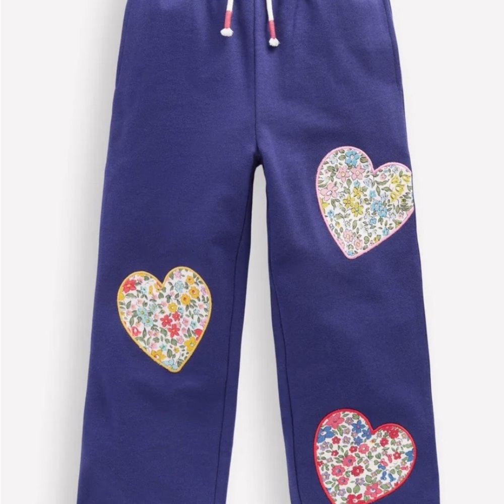 Mini Boden Blue Sweatpants with Floral Heart Patches NWOT Size 5/6